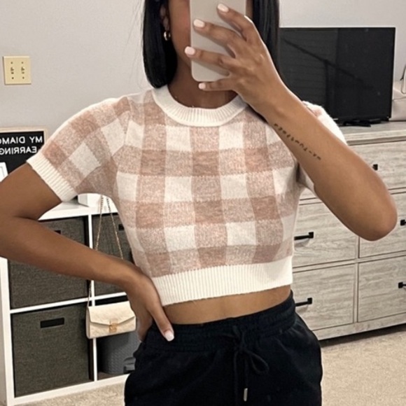 Debut Super Soft Blue & White Checked Crewneck Cropped Sweater Top. Size S/M - Picture 12 of 12